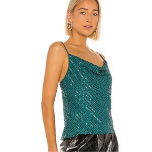NBD Teal Sequin Cowl Neck Top